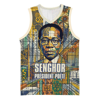 Léopold Sédar Senghor Basketball Jersey President Poete Portrait Futuristic African Robotic Handshake Earth and Flowers Unity - African Pride