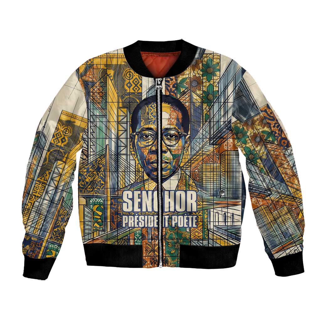 Léopold Sédar Senghor Bomber Jacket President Poete Portrait Futuristic African Robotic Handshake Earth and Flowers Unity - African Pride