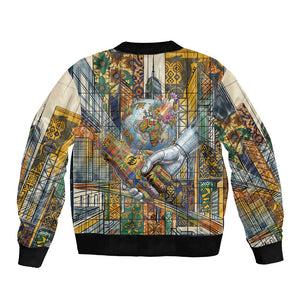 Léopold Sédar Senghor Bomber Jacket President Poete Portrait Futuristic African Robotic Handshake Earth and Flowers Unity - African Pride