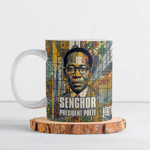 Léopold Sédar Senghor Ceramic Mug President Poete Portrait Futuristic African Robotic Handshake Earth and Flowers Unity - African Pride