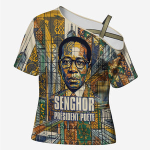 Léopold Sédar Senghor Cross Shoulder Shirt President Poete Portrait Futuristic African Robotic Handshake Earth and Flowers Unity - African Pride