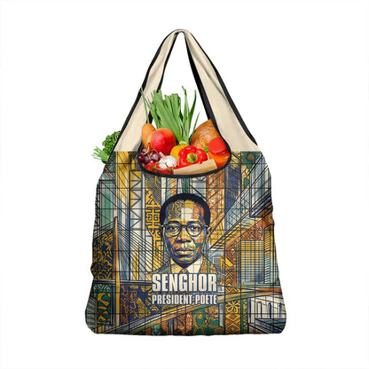 Léopold Sédar Senghor Grocery Bag President Poete Portrait Futuristic African Robotic Handshake Earth and Flowers Unity - African Pride