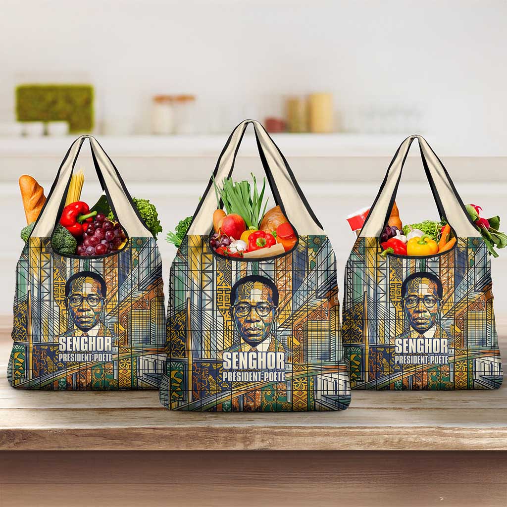 Léopold Sédar Senghor Grocery Bag President Poete Portrait Futuristic African Robotic Handshake Earth and Flowers Unity - African Pride