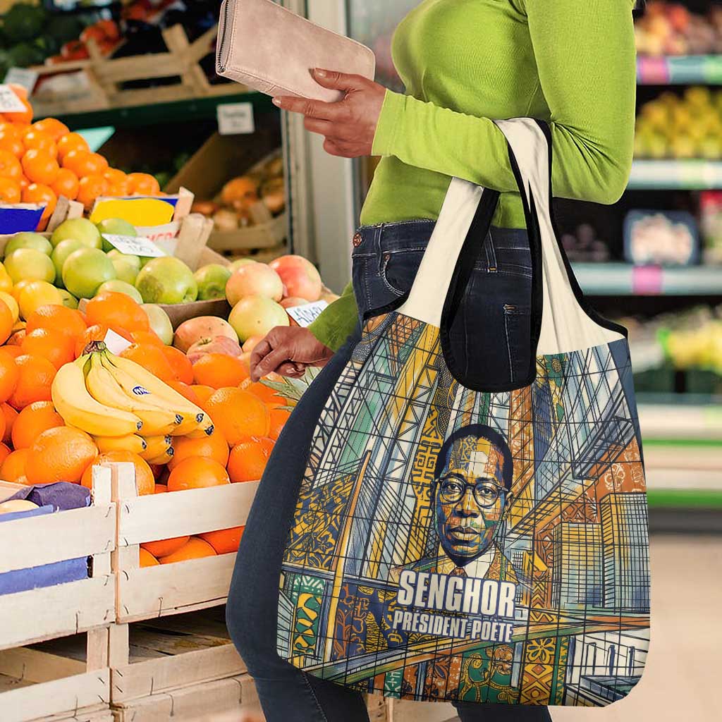 Léopold Sédar Senghor Grocery Bag President Poete Portrait Futuristic African Robotic Handshake Earth and Flowers Unity - African Pride