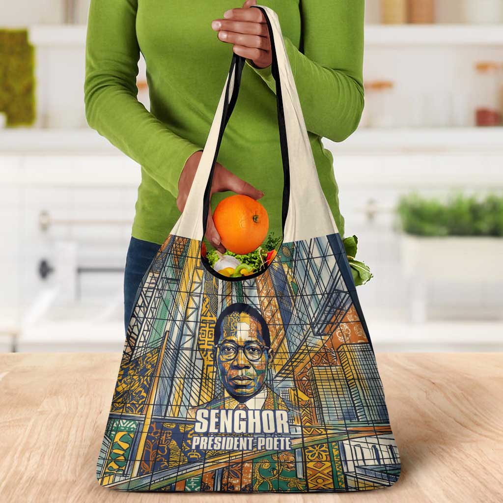 Léopold Sédar Senghor Grocery Bag President Poete Portrait Futuristic African Robotic Handshake Earth and Flowers Unity - African Pride