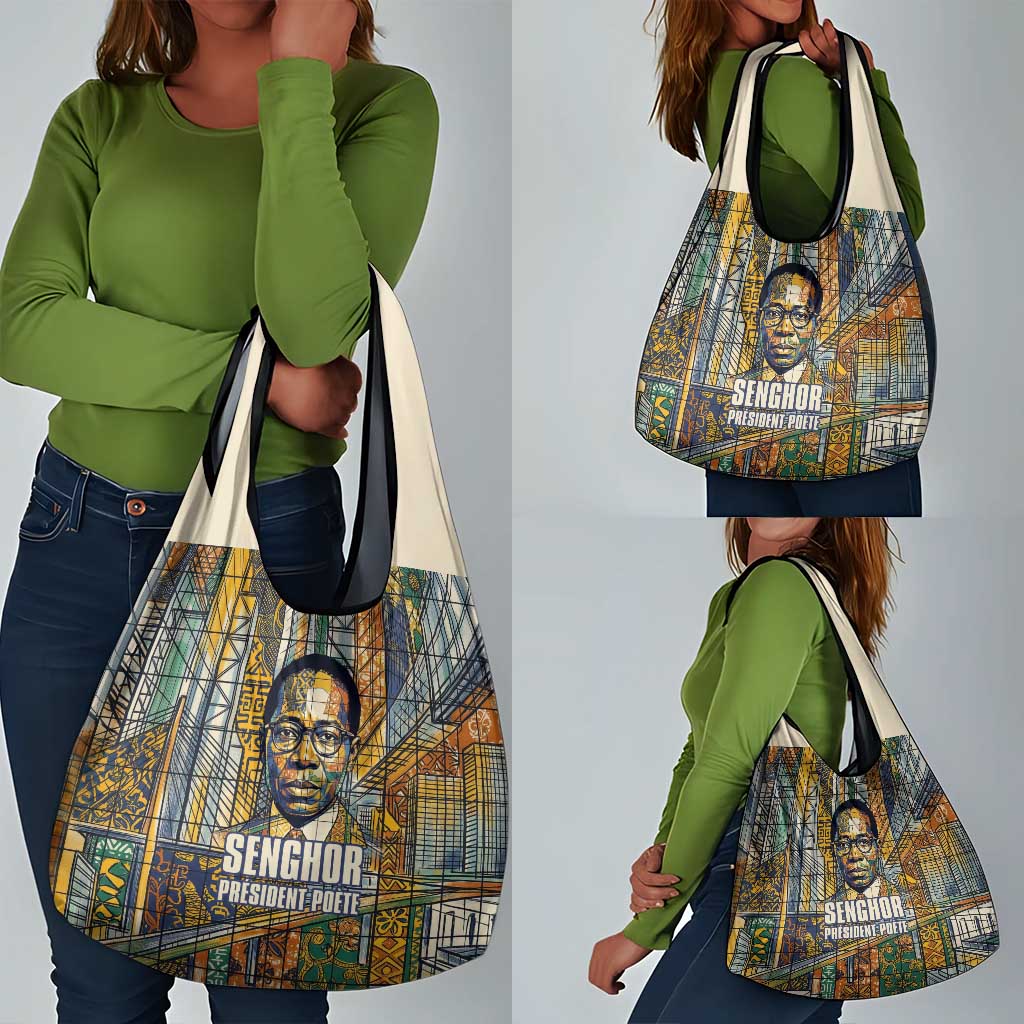 Léopold Sédar Senghor Grocery Bag President Poete Portrait Futuristic African Robotic Handshake Earth and Flowers Unity - African Pride