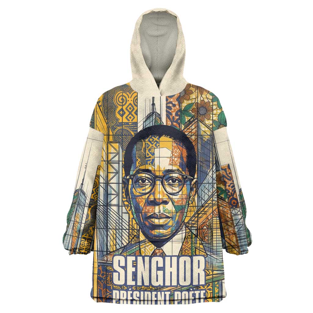 Léopold Sédar Senghor Kid Wearable Blanket Hoodie President Poete Portrait Futuristic African Robotic Handshake Earth and Flowers Unity - African Pride