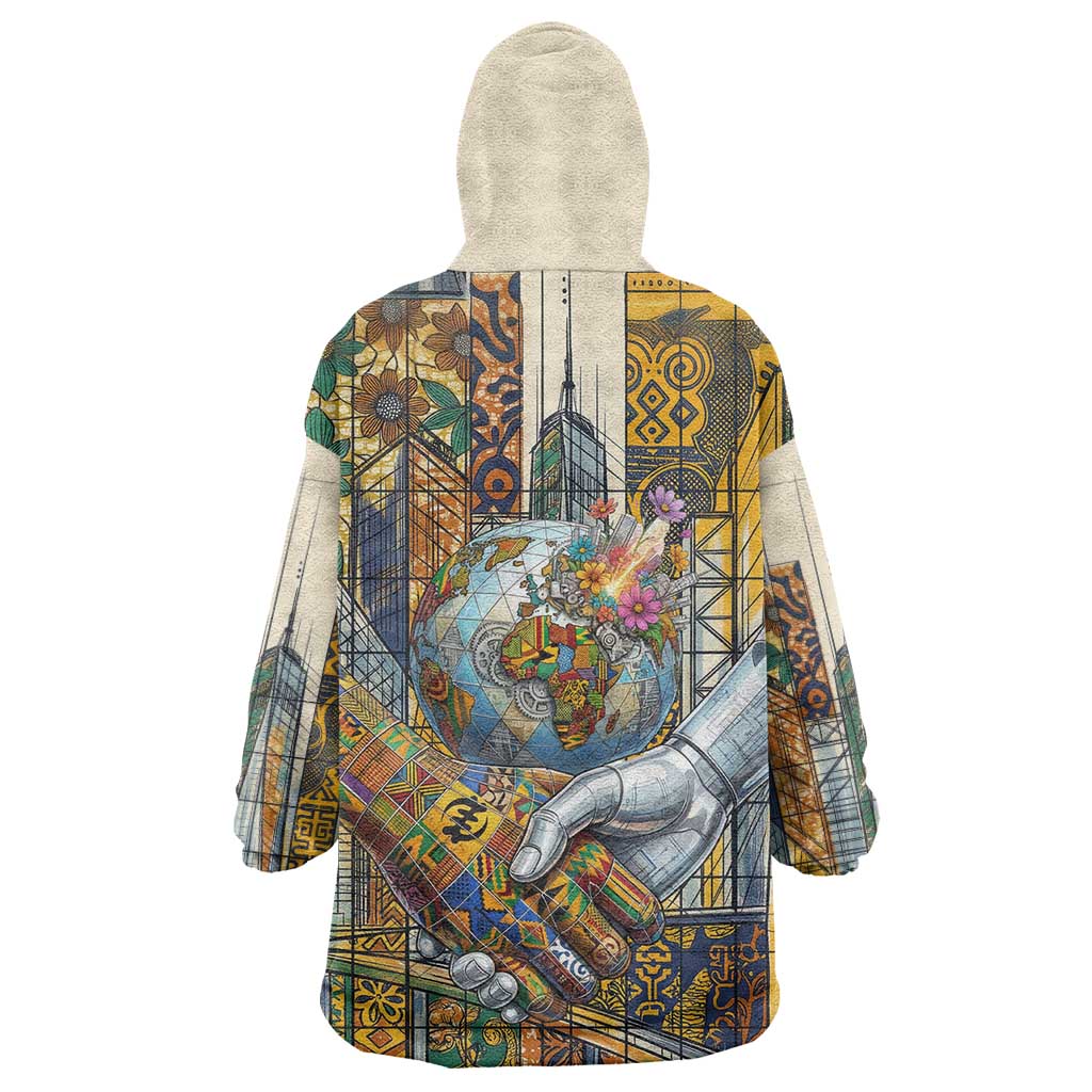 Léopold Sédar Senghor Kid Wearable Blanket Hoodie President Poete Portrait Futuristic African Robotic Handshake Earth and Flowers Unity - African Pride