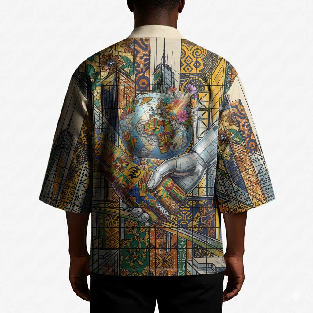 Léopold Sédar Senghor Kimono President Poete Portrait Futuristic African Robotic Handshake Earth and Flowers Unity - African Pride