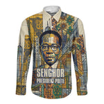 Léopold Sédar Senghor Long Sleeve Button Shirt President Poete Portrait Futuristic African Robotic Handshake Earth and Flowers Unity - African Pride