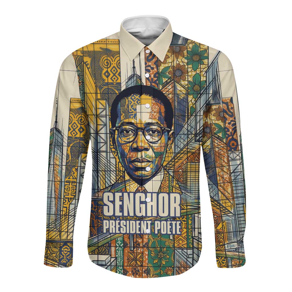 Léopold Sédar Senghor Long Sleeve Button Shirt President Poete Portrait Futuristic African Robotic Handshake Earth and Flowers Unity - African Pride