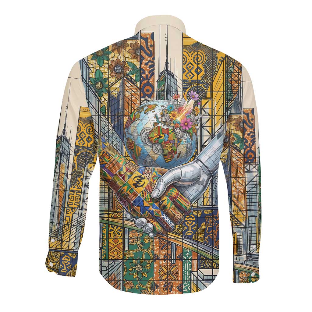 Léopold Sédar Senghor Long Sleeve Button Shirt President Poete Portrait Futuristic African Robotic Handshake Earth and Flowers Unity - African Pride