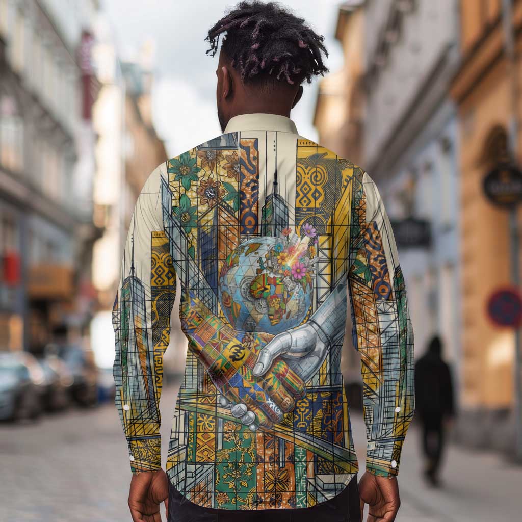 Léopold Sédar Senghor Long Sleeve Button Shirt President Poete Portrait Futuristic African Robotic Handshake Earth and Flowers Unity - African Pride