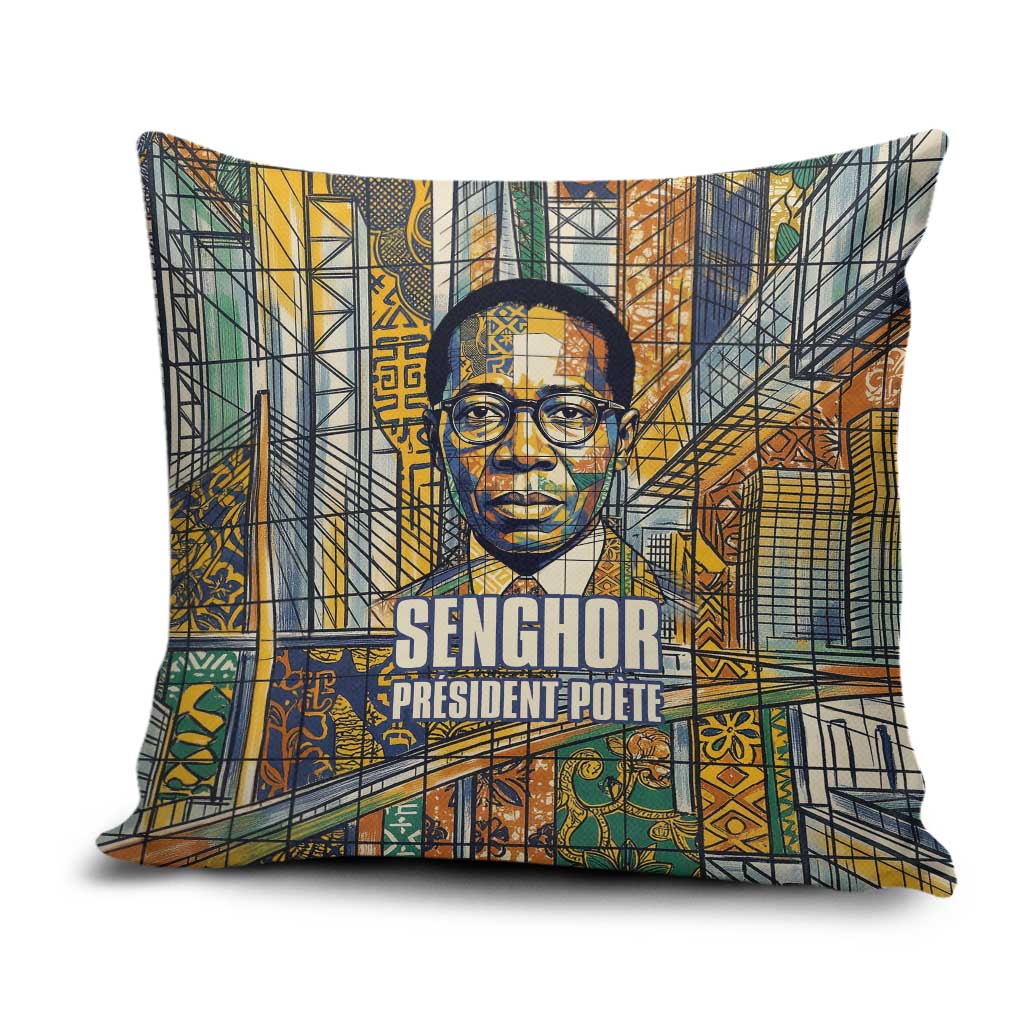 Léopold Sédar Senghor Pillow Cover President Poete Portrait Futuristic African Robotic Handshake Earth and Flowers Unity - African Pride