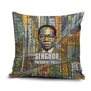 Léopold Sédar Senghor Pillow Cover President Poete Portrait Futuristic African Robotic Handshake Earth and Flowers Unity - African Pride