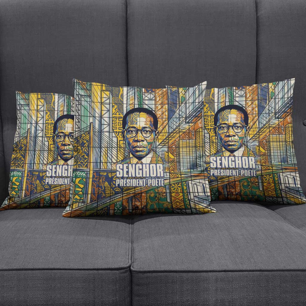 Léopold Sédar Senghor Pillow Cover President Poete Portrait Futuristic African Robotic Handshake Earth and Flowers Unity - African Pride