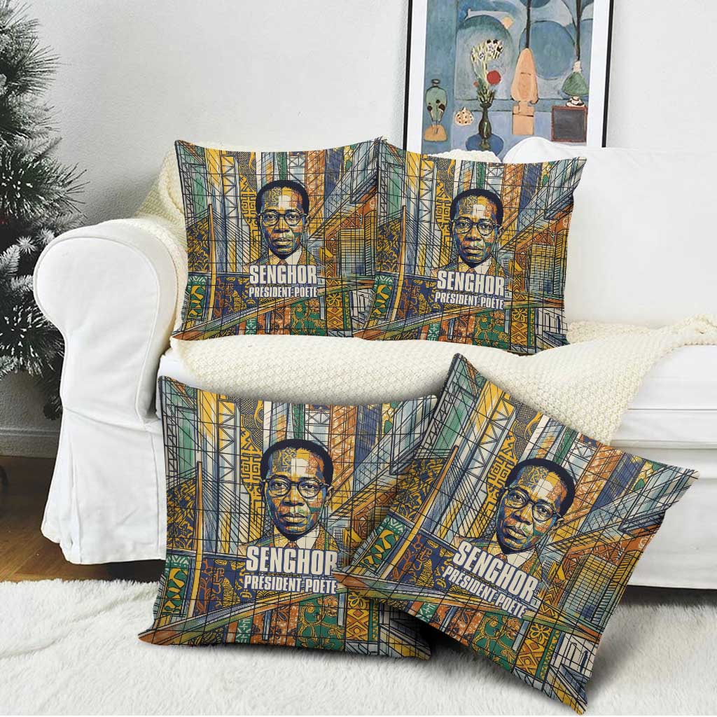 Léopold Sédar Senghor Pillow Cover President Poete Portrait Futuristic African Robotic Handshake Earth and Flowers Unity - African Pride