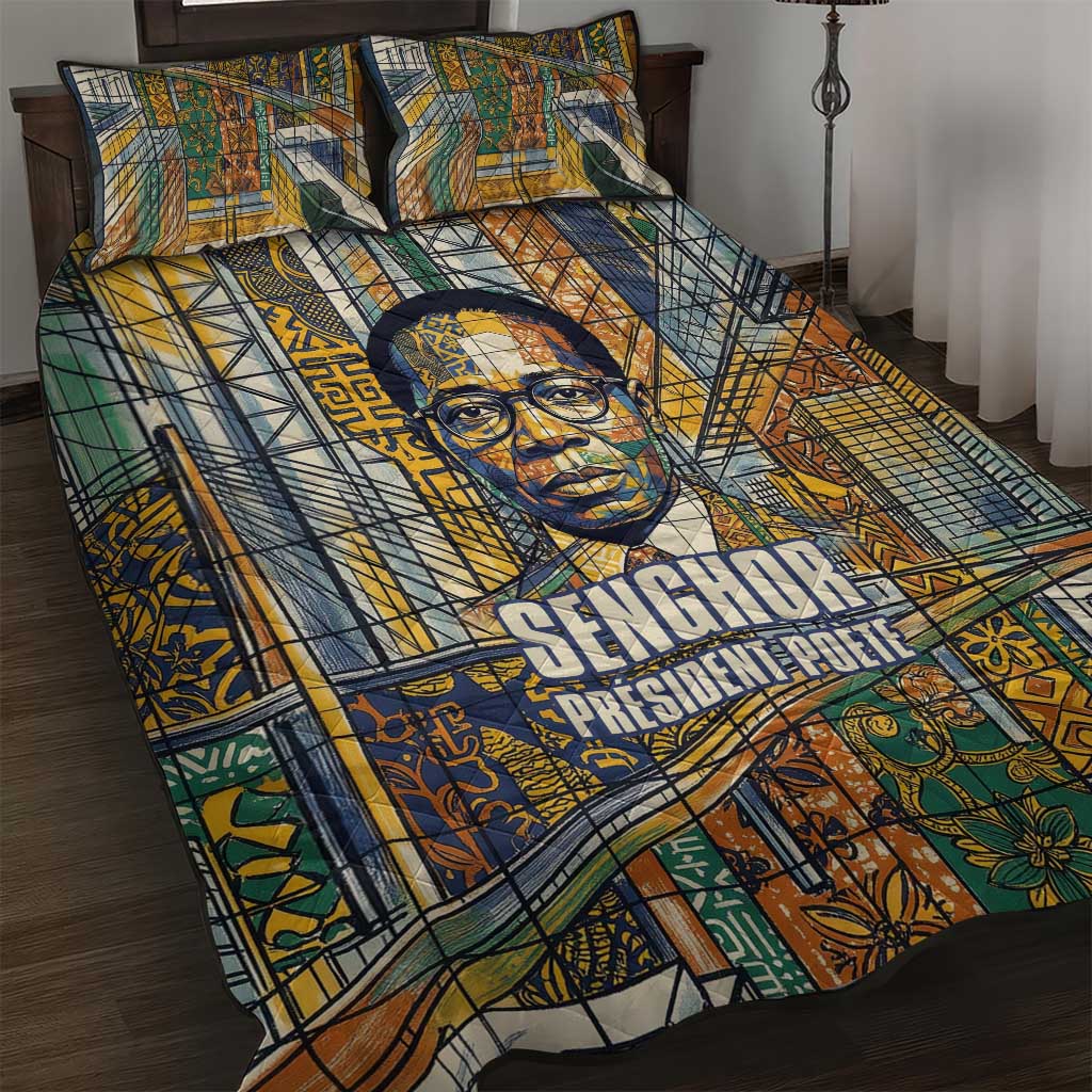 Léopold Sédar Senghor Quilt Bed Set President Poete Portrait Futuristic African Robotic Handshake Earth and Flowers Unity - African Pride