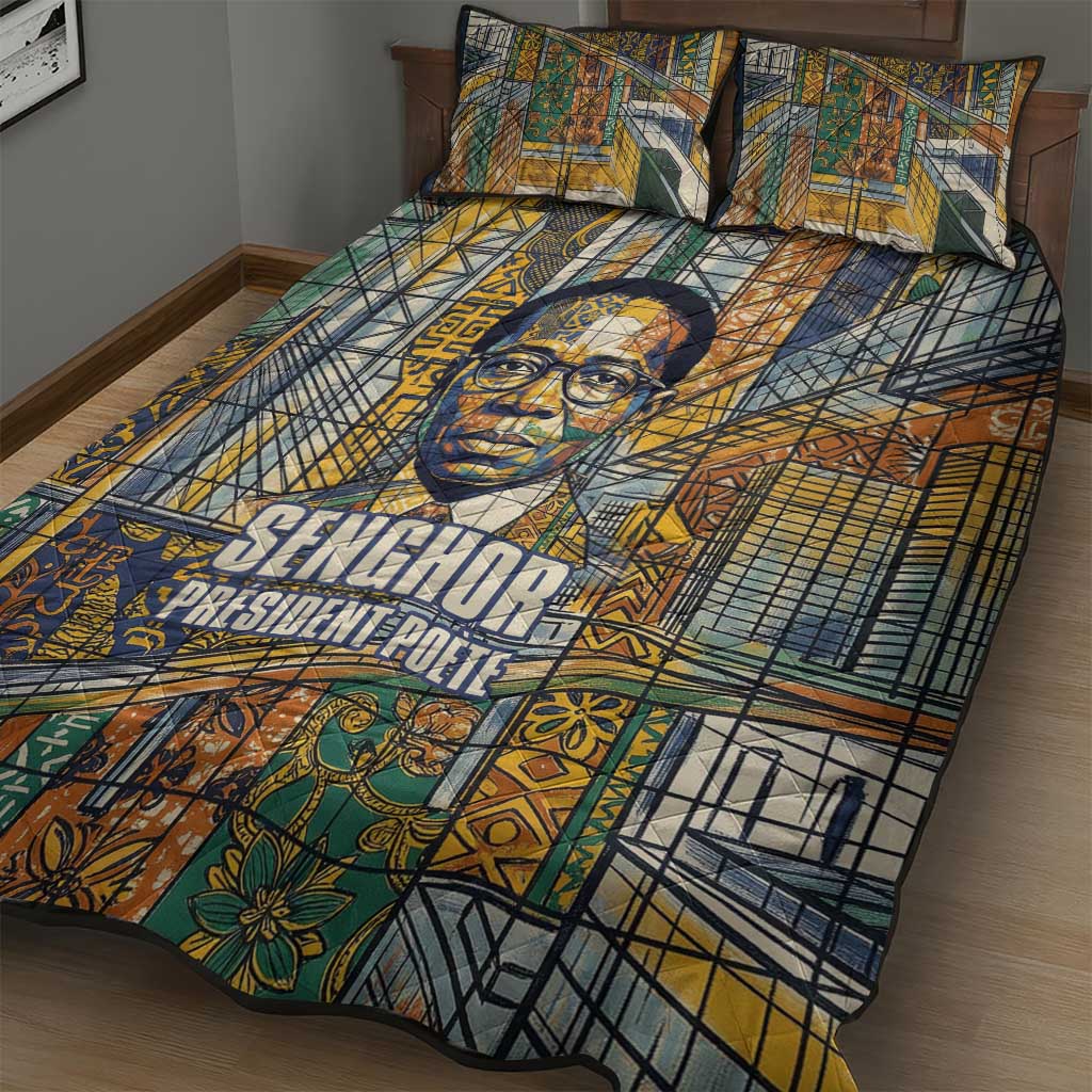 Léopold Sédar Senghor Quilt Bed Set President Poete Portrait Futuristic African Robotic Handshake Earth and Flowers Unity - African Pride