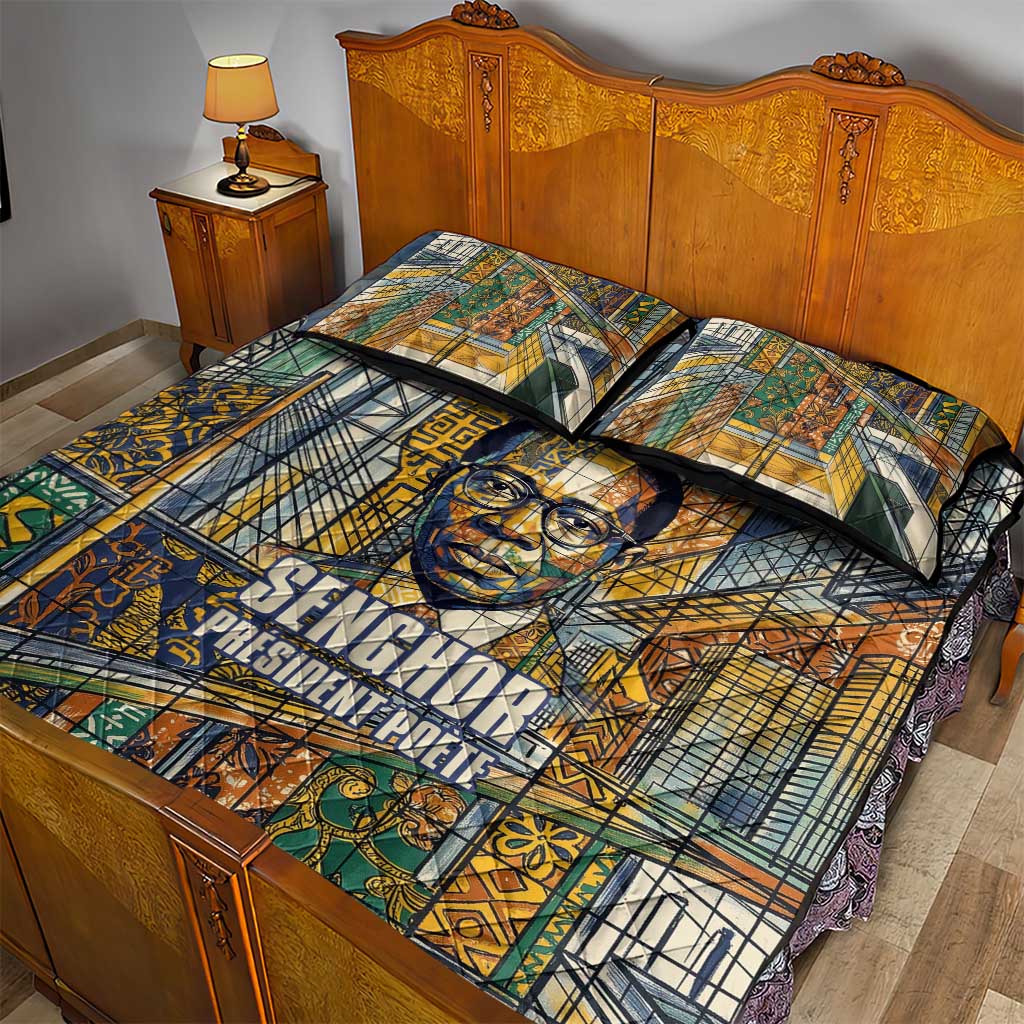 Léopold Sédar Senghor Quilt Bed Set President Poete Portrait Futuristic African Robotic Handshake Earth and Flowers Unity - African Pride