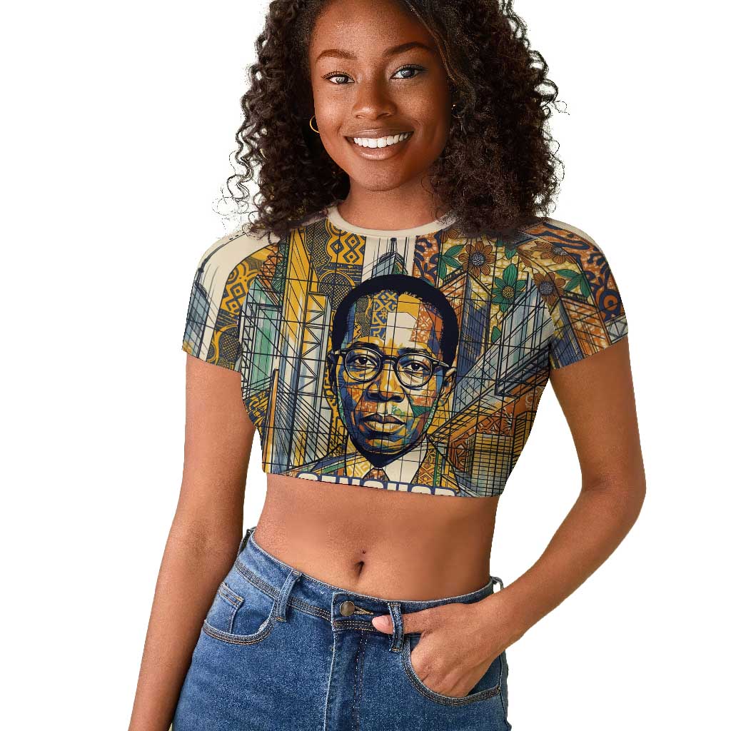 Léopold Sédar Senghor Raglan Cropped T shirt President Poete Portrait Futuristic African Robotic Handshake Earth and Flowers Unity - African Pride