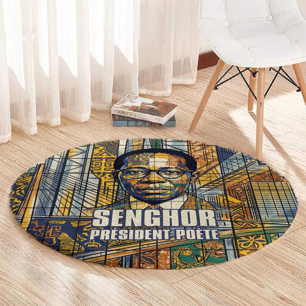 Léopold Sédar Senghor Round Carpet President Poete Portrait Futuristic African Robotic Handshake Earth and Flowers Unity - African Pride