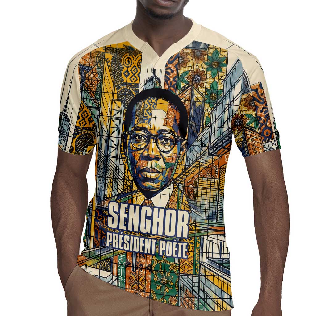 Léopold Sédar Senghor Rugby Jersey President Poete Portrait Futuristic African Robotic Handshake Earth and Flowers Unity - African Pride