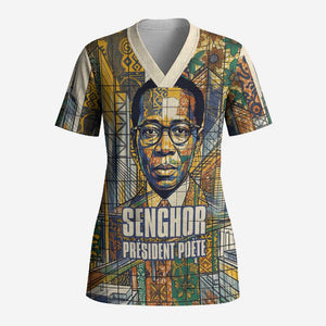 Léopold Sédar Senghor Scrub Top President Poete Portrait Futuristic African Robotic Handshake Earth and Flowers Unity - African Pride