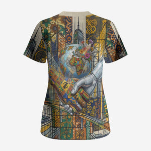 Léopold Sédar Senghor Scrub Top President Poete Portrait Futuristic African Robotic Handshake Earth and Flowers Unity - African Pride
