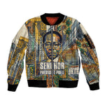 Léopold Sédar Senghor Sleeve Zip Bomber Jacket President Poete Portrait Futuristic African Robotic Handshake Earth and Flowers Unity - African Pride