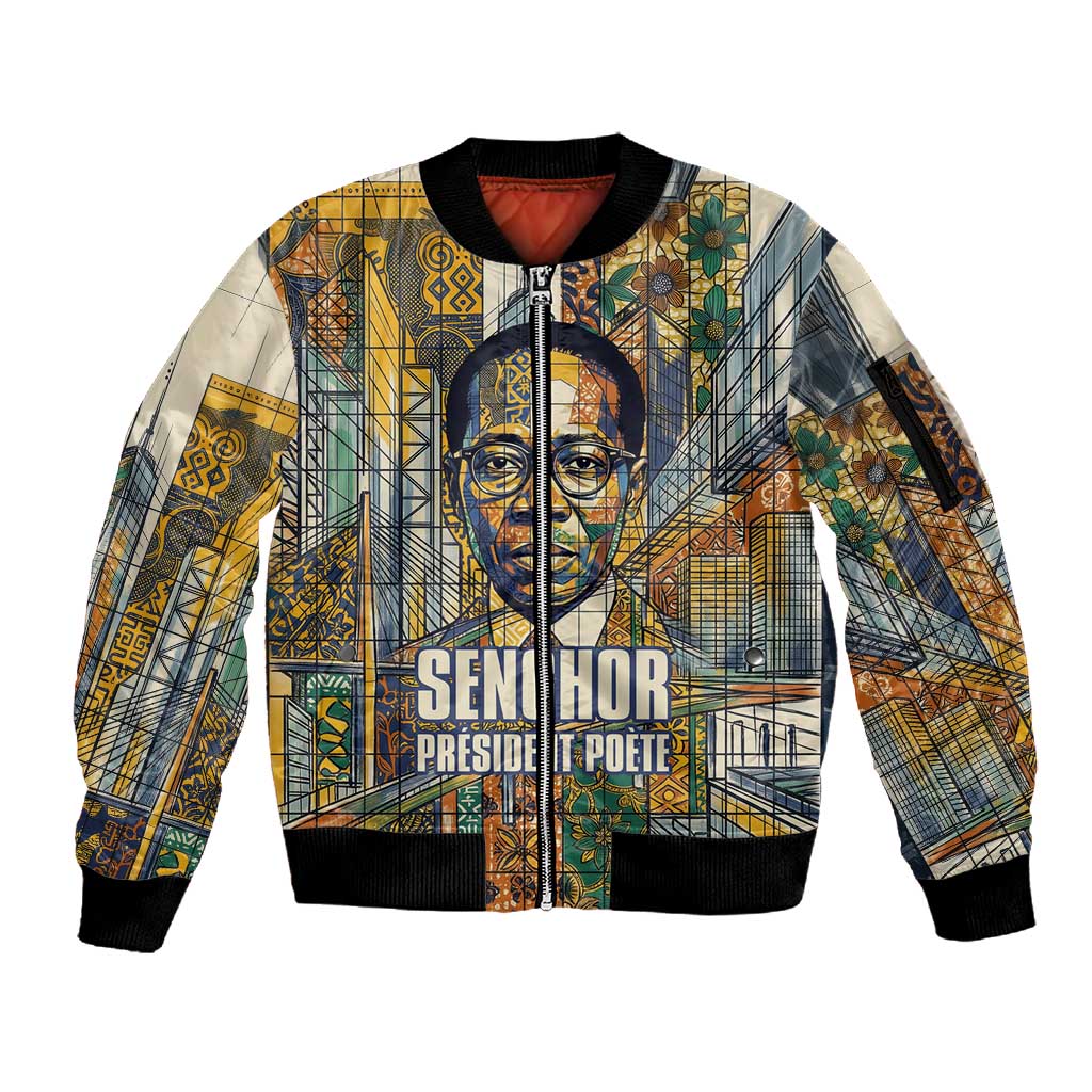 Léopold Sédar Senghor Sleeve Zip Bomber Jacket President Poete Portrait Futuristic African Robotic Handshake Earth and Flowers Unity - African Pride