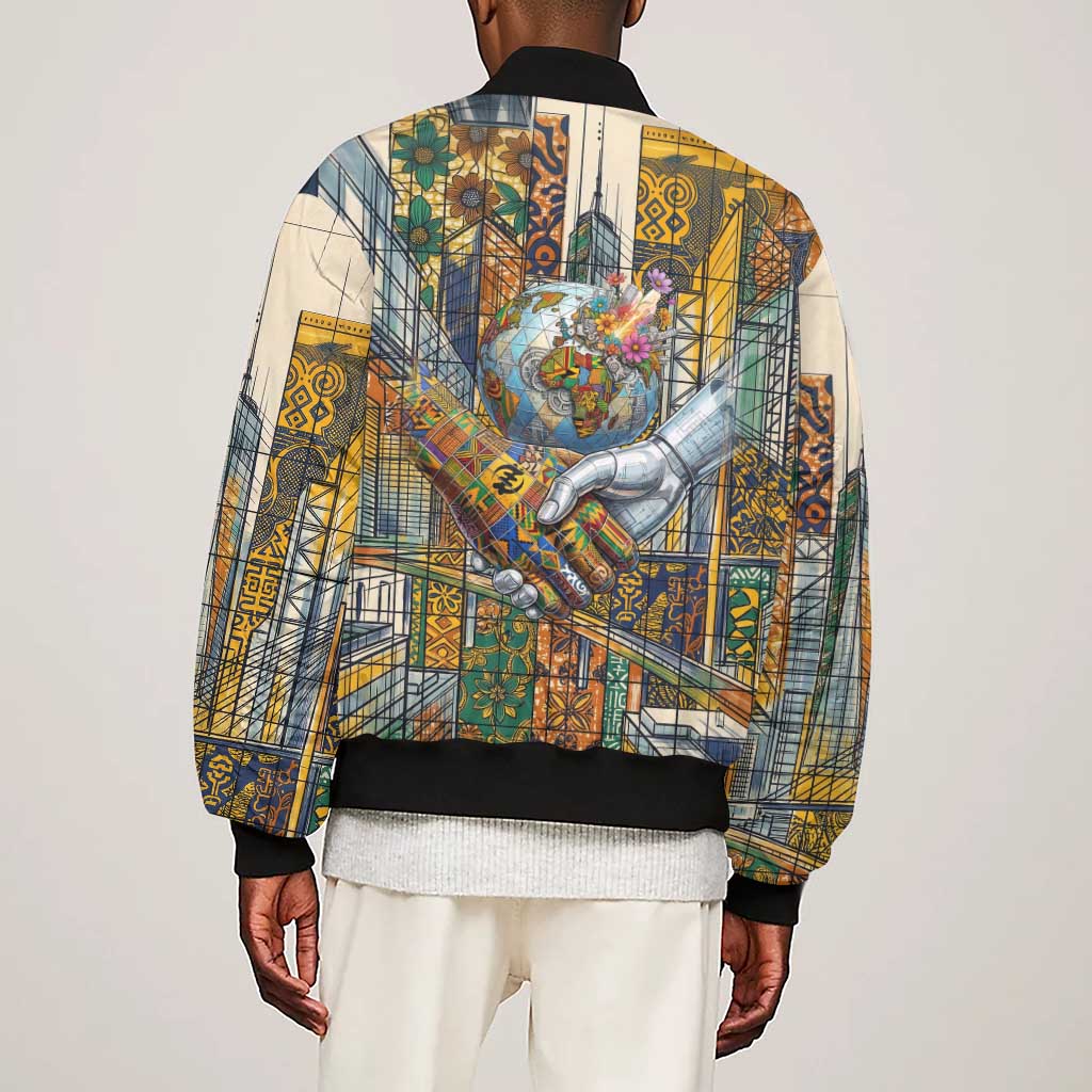 Léopold Sédar Senghor Sleeve Zip Bomber Jacket President Poete Portrait Futuristic African Robotic Handshake Earth and Flowers Unity - African Pride