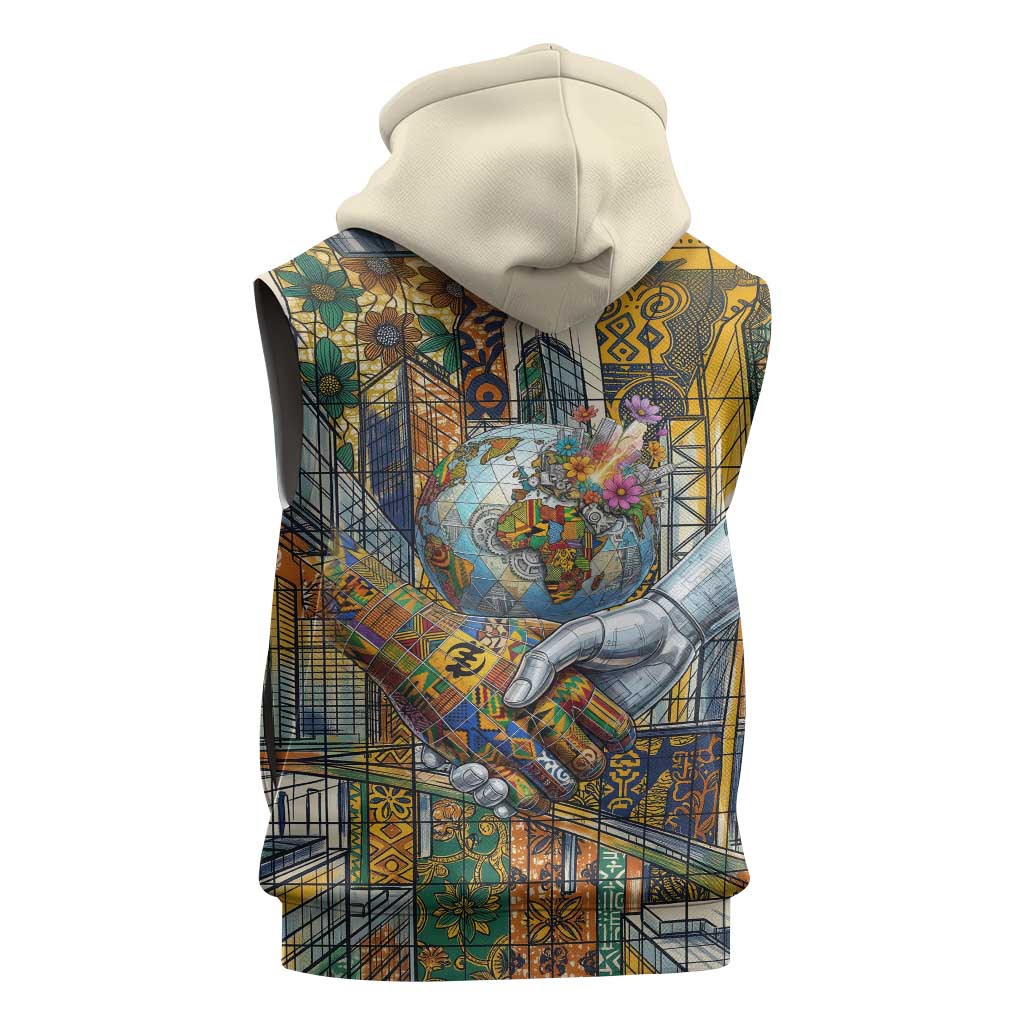 Léopold Sédar Senghor Sleeveless Hoodie President Poete Portrait Futuristic African Robotic Handshake Earth and Flowers Unity - African Pride