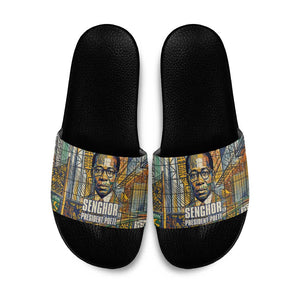 Léopold Sédar Senghor Slide Sandals President Poete Portrait Futuristic African Robotic Handshake Earth and Flowers Unity - African Pride