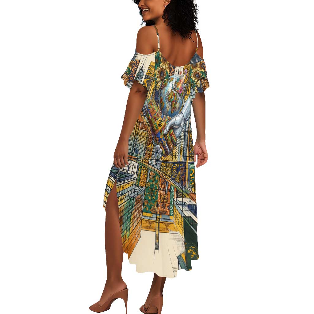 Léopold Sédar Senghor Summer Maxi Dress President Poete Portrait Futuristic African Robotic Handshake Earth and Flowers Unity - African Pride