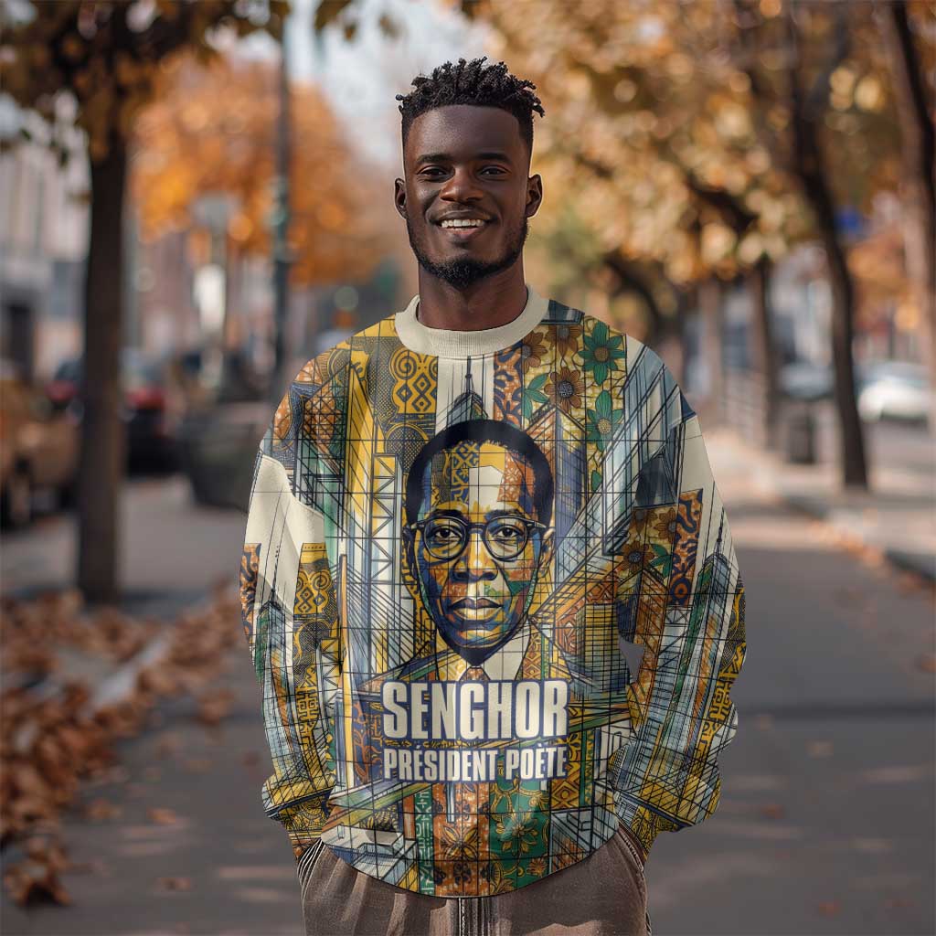 Léopold Sédar Senghor Sweatshirt President Poete Portrait Futuristic African Robotic Handshake Earth and Flowers Unity - African Pride