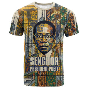 Léopold Sédar Senghor T shirt President Poete Portrait Futuristic African Robotic Handshake Earth and Flowers Unity - African Pride