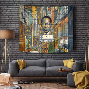 Léopold Sédar Senghor Tapestry President Poete Portrait Futuristic African Robotic Handshake Earth and Flowers Unity - African Pride