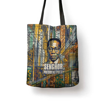 Léopold Sédar Senghor Tote Bag President Poete Portrait Futuristic African Robotic Handshake Earth and Flowers Unity - African Pride