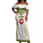 Tunisia Flag Off Shoulder Maxi Dress with National Crest and Emblem