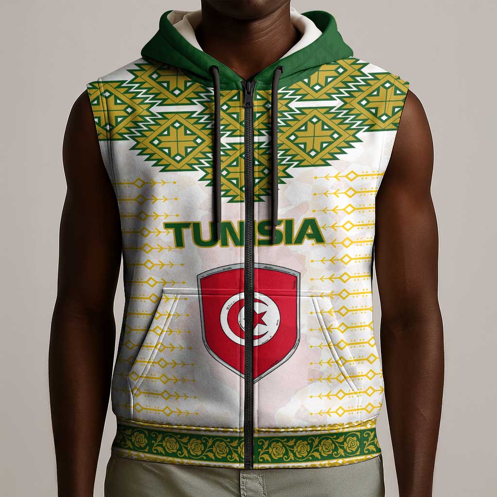 Tunisia Flag Sleeveless Zip Hoodie with National Crest and Emblem - African Pride