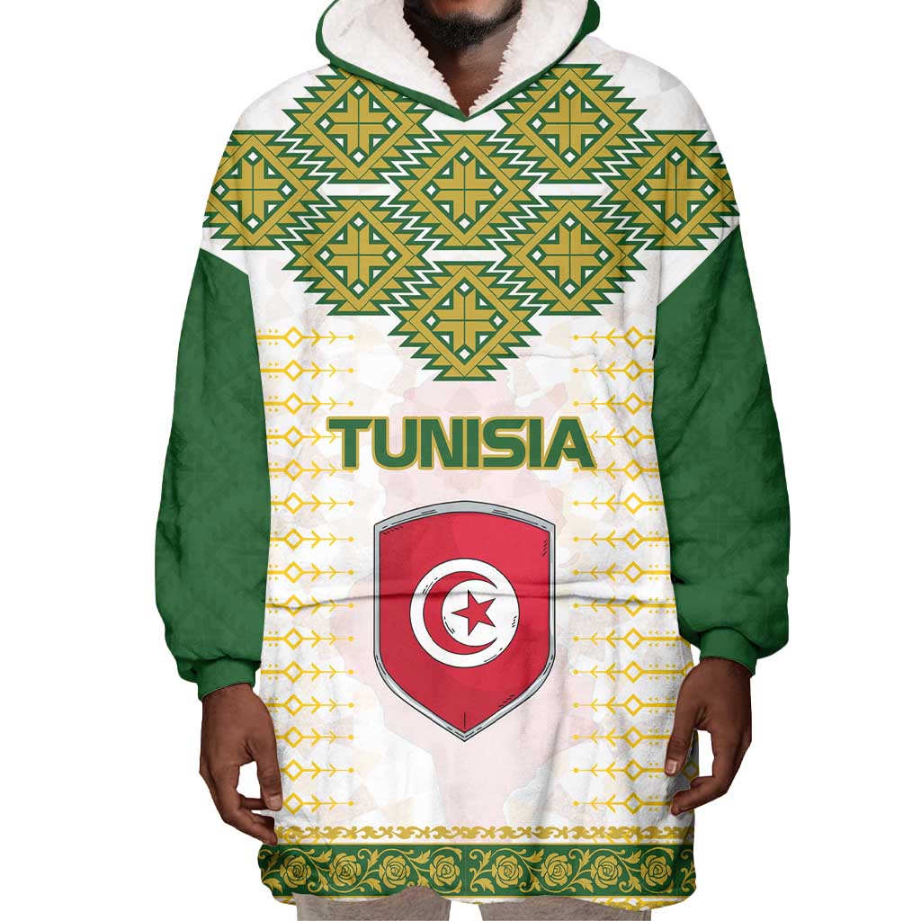 Tunisia Flag Wearable Blanket Hoodie with National Crest and Emblem