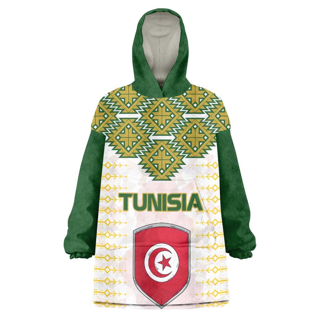 Tunisia Flag Wearable Blanket Hoodie with National Crest and Emblem