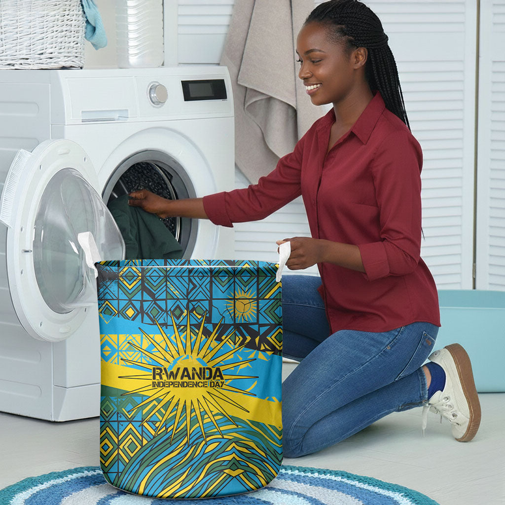 Rwanda Independence Day Laundry Basket Tribal Geometric Pattern - National Coat Of Arms And Sunburst