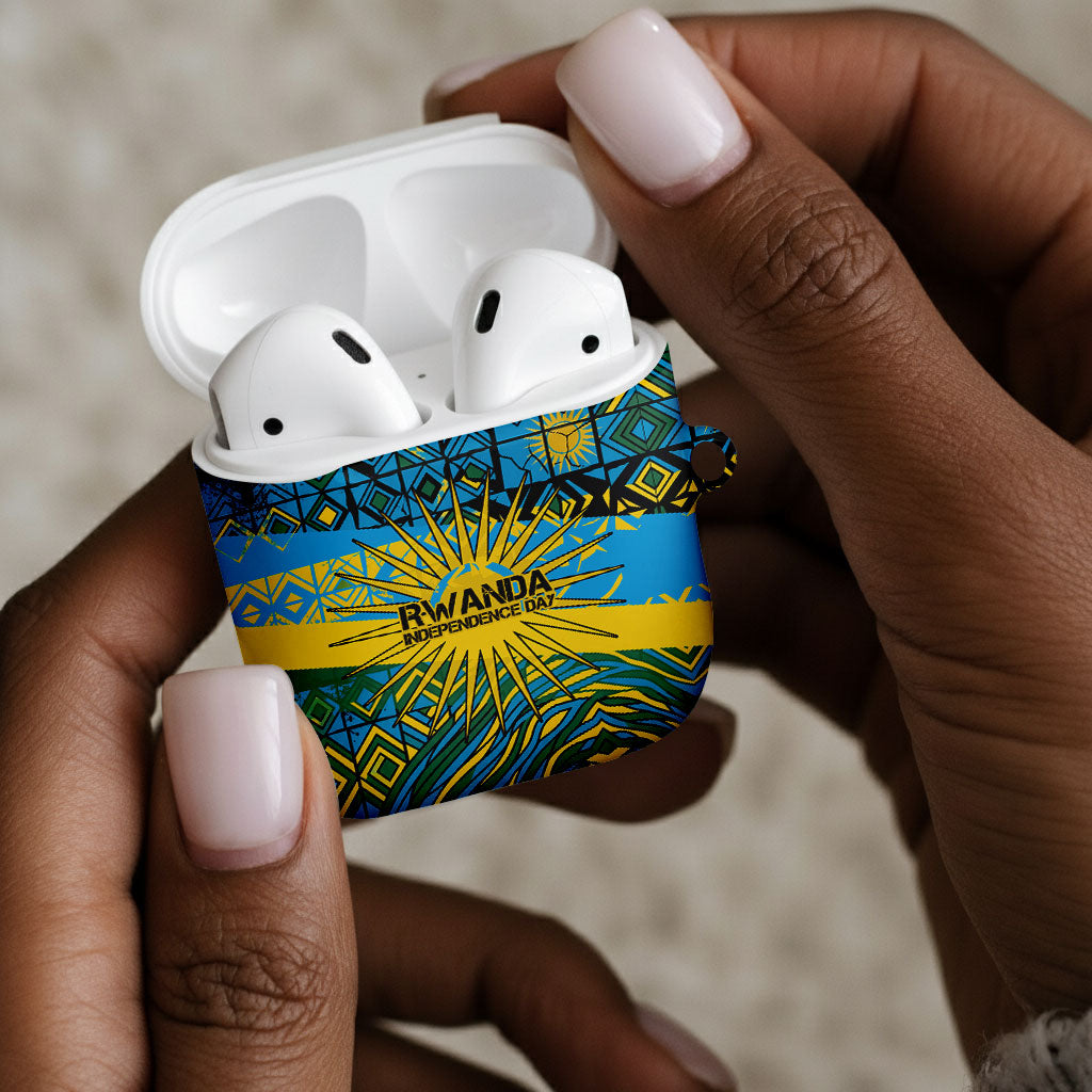 Rwanda Independence Day AirPods Case Tribal Geometric Pattern - National Coat Of Arms And Sunburst