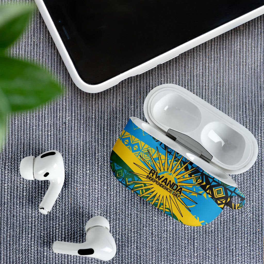 Rwanda Independence Day AirPods Case Tribal Geometric Pattern - National Coat Of Arms And Sunburst