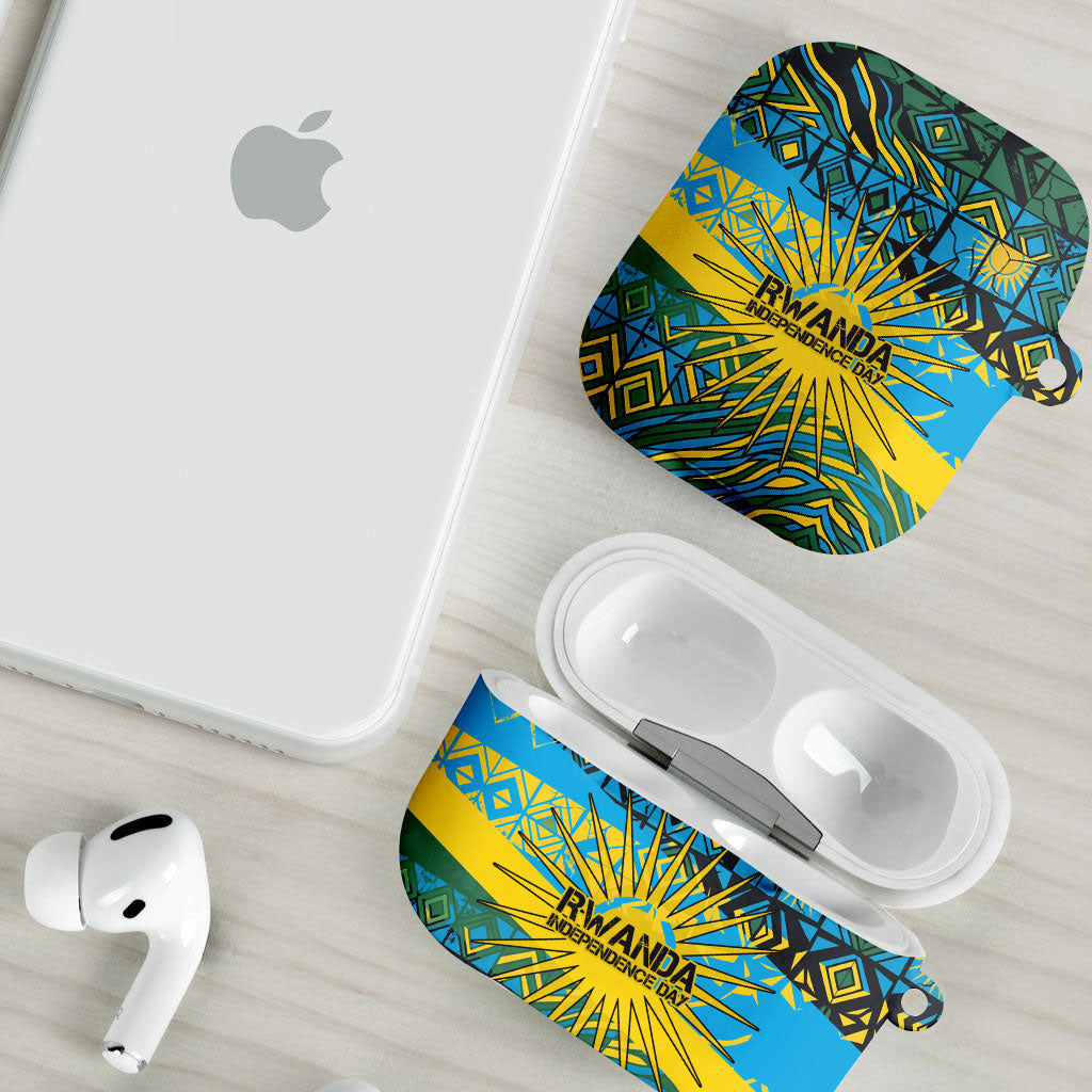 Rwanda Independence Day AirPods Case Tribal Geometric Pattern - National Coat Of Arms And Sunburst
