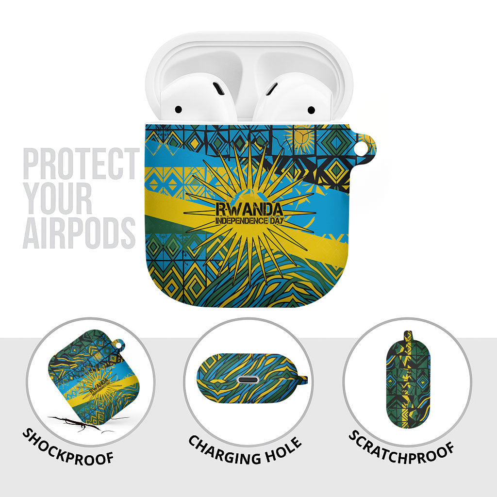 Rwanda Independence Day AirPods Case Tribal Geometric Pattern - National Coat Of Arms And Sunburst