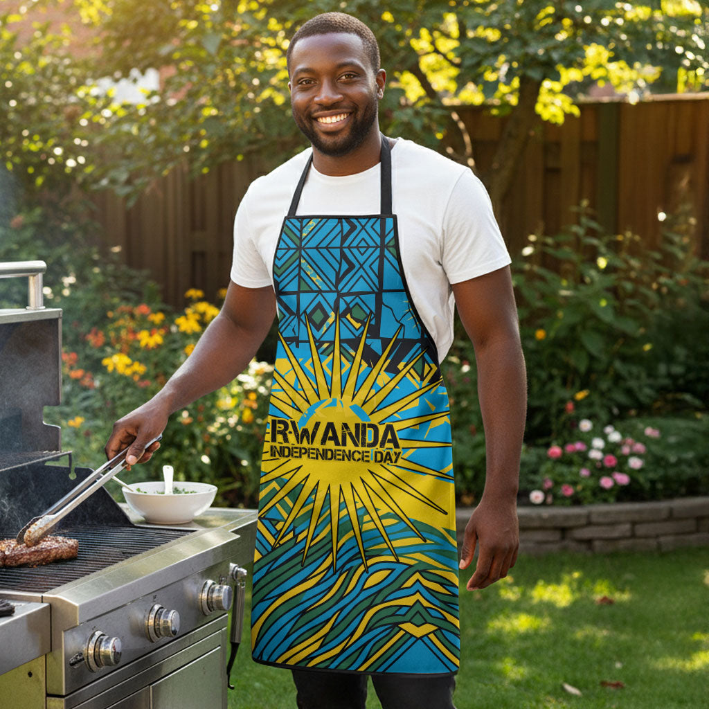 Rwanda Independence Day Apron Tribal Geometric Pattern - National Coat Of Arms And Sunburst