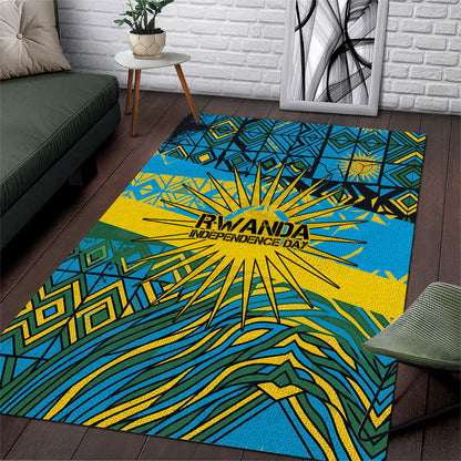 Rwanda Independence Day Area Rug Tribal Geometric Pattern - National Coat Of Arms And Sunburst